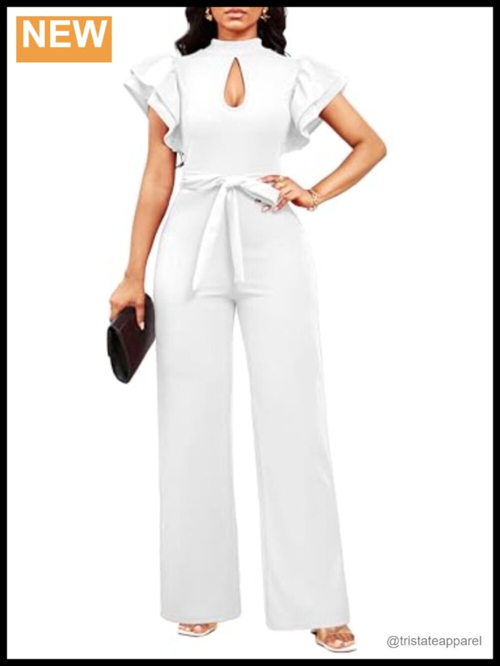 SxClub Women's Dressy Jumpsuit Ruffle Sleeve V-Neck Long Straight Pants